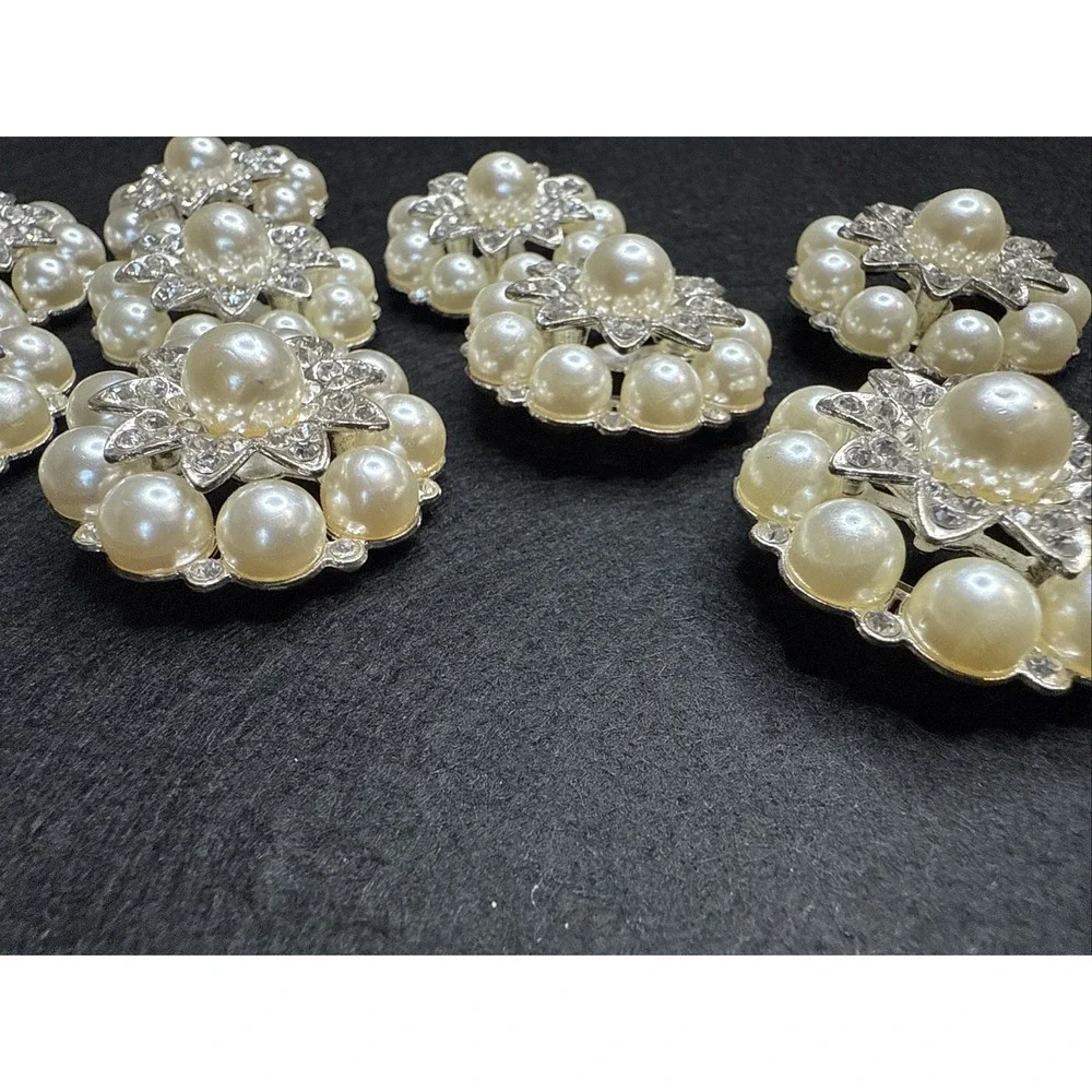 9 Vintage Rhinestone And Faux Pearl Shank Buttons Silver Plating Over Copper
